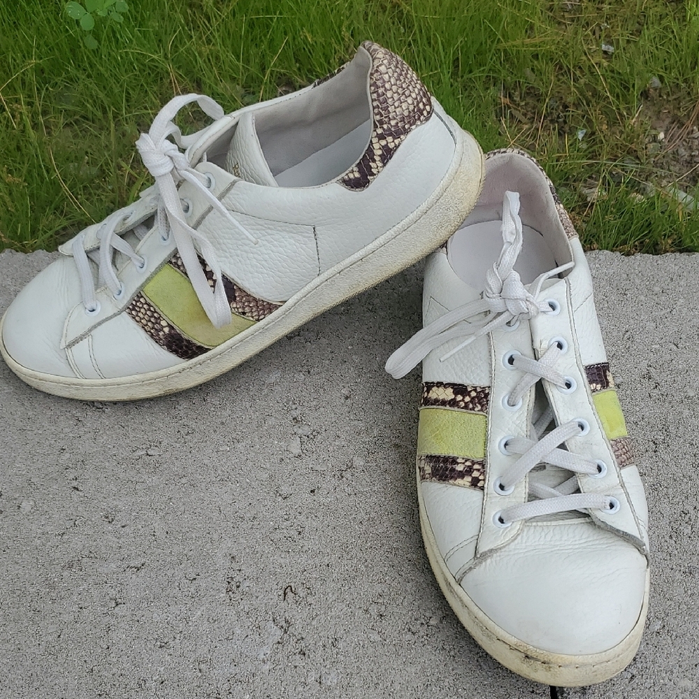 Russell & Bromley White and Yellow Leather Trainers with Side Stripe 10